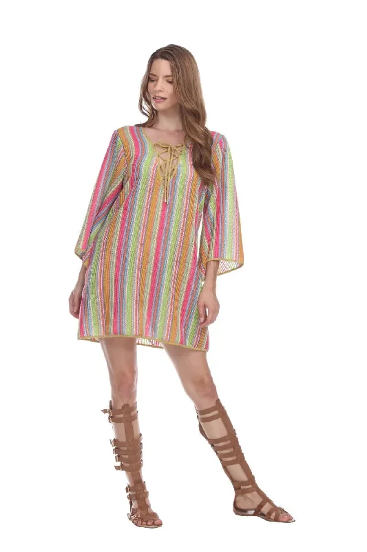 Mini - length cover ups for a more daring and youthful beach styleMulti-Color Stripe Pattern Short Polyester Tunic Mini - length cover ups for a more daring and youthful beach styleMulti-Color Stripe Pattern Short Polyester Tunic