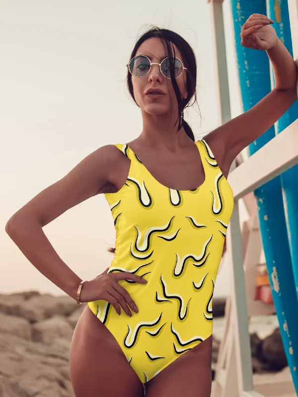 Women's Cut - Out One - Pieces in Black with Geometric Shapes for a Modern and Edgy StyleNeon Drippy (Yellow) Onepiece