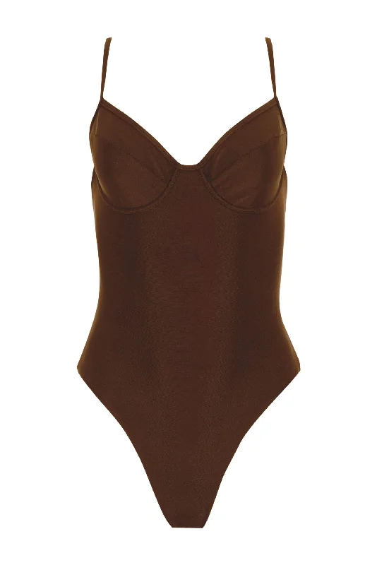 Women's Sheer Paneled One - Pieces in White for a Delicate and Elegant Evening AppearanceNina One Piece - Brown Women's Sheer Paneled One - Pieces in White for a Delicate and Elegant Evening AppearanceNina One Piece - Brown