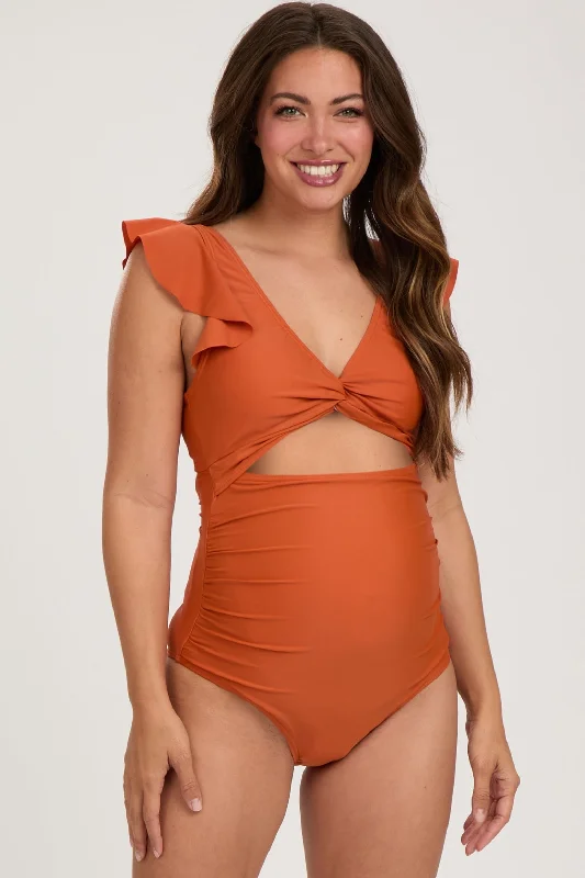 Women's Sheer Paneled One - Pieces in White for a Delicate and Elegant Evening AppearanceOrange Cutout Flutter One Piece Maternity Swimsuit