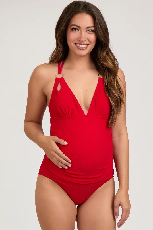 Women's Long - Sleeve Turtleneck One - Pieces in Navy for a Sophisticated Winter EnsembleRed Ribbed V-Neck Ruched Criss Cross Low Back Maternity One Piece Swimsuit