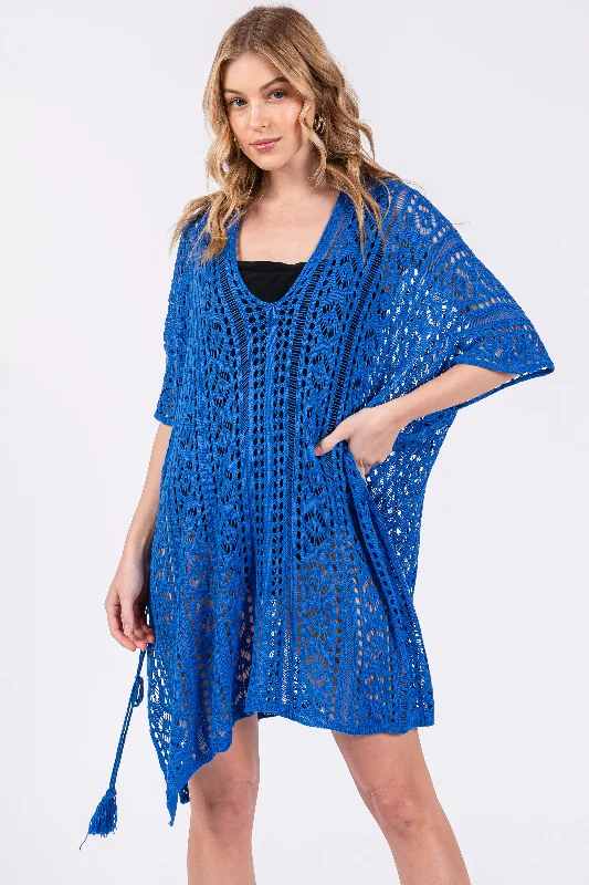 Beach - themed embroidery cover ups for a unique and personalized touchRoyal Blue Crochet Knit Swim Cover Up Beach - themed embroidery cover ups for a unique and personalized touchRoyal Blue Crochet Knit Swim Cover Up