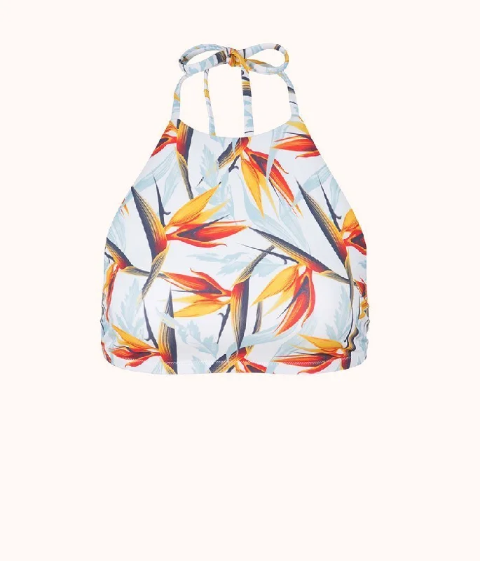 Women's Crochet - Trimmed Swim Tops in White for a Boho - Inspired Beach OutfitThe Swim High-Neck Halter: Day Break Print Women's Crochet - Trimmed Swim Tops in White for a Boho - Inspired Beach OutfitThe Swim High-Neck Halter: Day Break Print