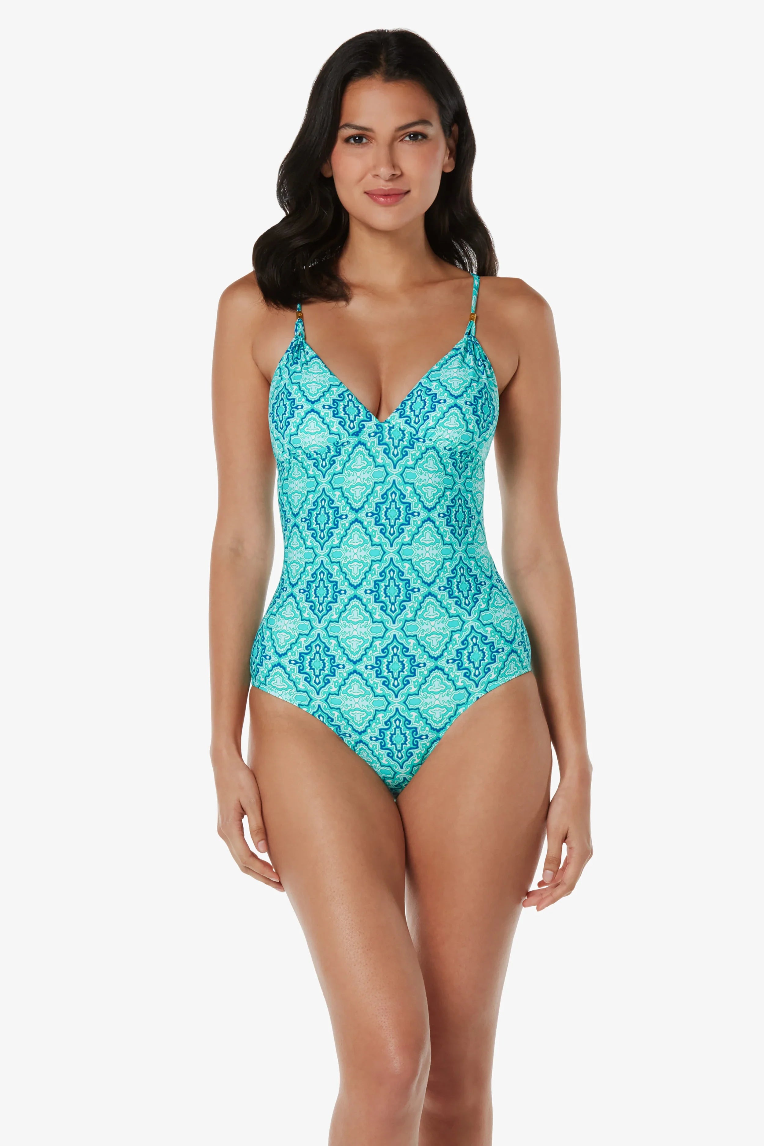 Plus Size Women's Button - Down One - Pieces in Light Blue for a Casual and Comfortable Day OutTie Back One-Piece | Marbella Tile Plus Size Women's Button - Down One - Pieces in Light Blue for a Casual and Comfortable Day OutTie Back One-Piece | Marbella Tile