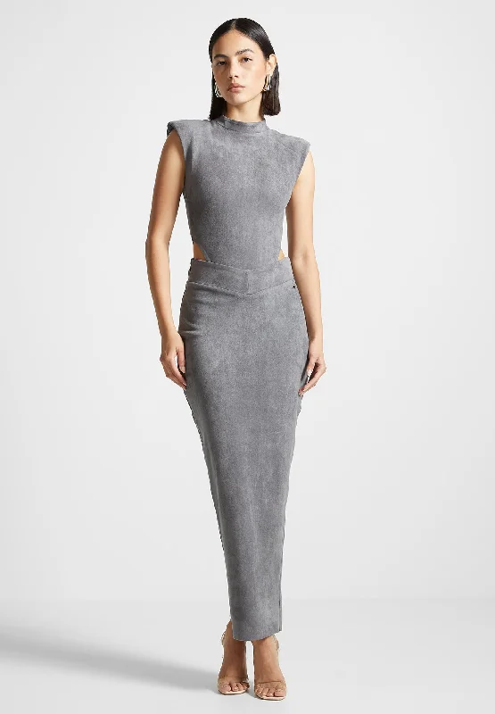 Cut - Out Bodysuits for a Trendy and Fashion - Forward StyleSuede Wide Shoulder Bodysuit - Light Grey Cut - Out Bodysuits for a Trendy and Fashion - Forward StyleSuede Wide Shoulder Bodysuit - Light Grey