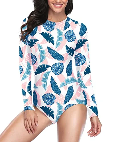 Plus Size Women's Striped One - Pieces in Navy and White for a Nautical - Inspired EnsembleFull Coverage Bathing Suit Built-In Bra Zipper Rash Guard For Women-Blue And Pink Leaf