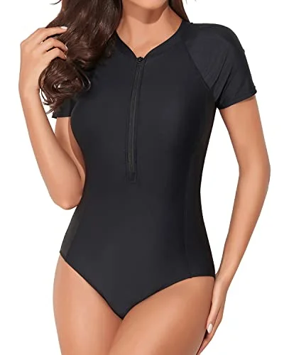 Plus Size Women's Wrap - Style One - Pieces in Burgundy with Belt for a Figure - Flattering OptionUpf 50+ Bathing Suit Surfing Swimwear Short Sleeve Rash Guard For Women-Black