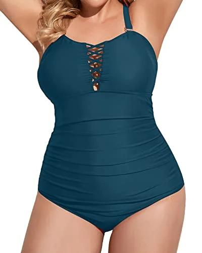 Plus Size Women's Boho - Style One - Pieces in Multicolor with Tassels for a Festival VibeVintage Lace Up Plus Size One Piece Swimsuit Deep V Neck Swimwear-Teal Plus Size Women's Boho - Style One - Pieces in Multicolor with Tassels for a Festival VibeVintage Lace Up Plus Size One Piece Swimsuit Deep V Neck Swimwear-Teal