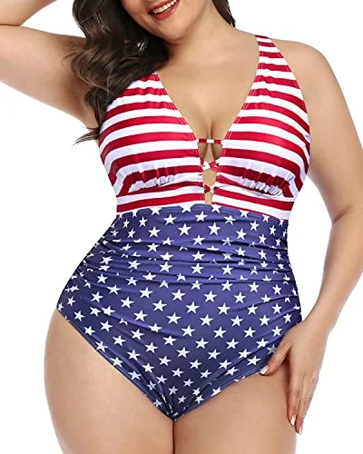 Women's Velvet One - Pieces in Emerald Green for a Luxurious and Sophisticated OccasionTummy Control Slimming Plus Size One Piece Swimsuit For Women-National Flag