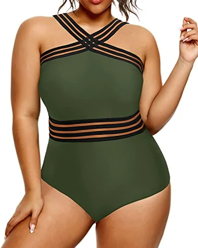 Plus Size Women's Ruffled Hem One - Pieces in Pink for a Feminine and Flirty Summer OutfitHigh Neck One Piece Bathing Suits Front Crossover Monokini Swimsuits For Women-Army Green