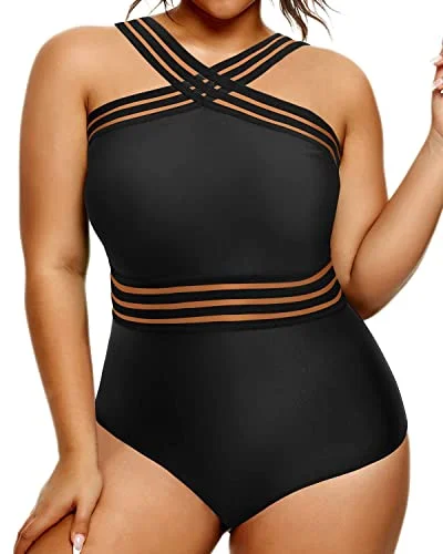 Women's Lace - Embellished One - Pieces in Cream for a Romantic and Vintage - Inspired LookPlus Size One Piece Swimsuits High Neck Mesh Front Crossover Monokinis-Black