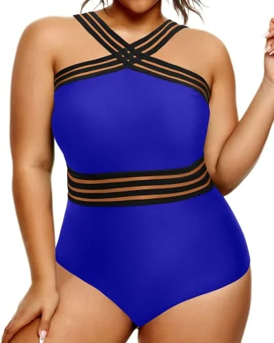Plus Size Women's Striped One - Pieces in Navy and White for a Nautical - Inspired EnsembleFront Crossover Mesh One Piece Swimsuit For Plus Size Women-Royal Blue