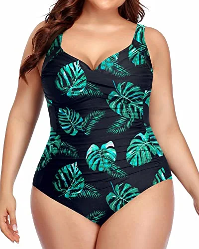 Plus Size Women's Button - Down One - Pieces in Light Blue for a Casual and Comfortable Day OutSweetheart Neckline Twist Front Ruched Plus Size Sexy Swimsuits For Women-Black And Green Leaf Plus Size Women's Button - Down One - Pieces in Light Blue for a Casual and Comfortable Day OutSweetheart Neckline Twist Front Ruched Plus Size Sexy Swimsuits For Women-Black And Green Leaf
