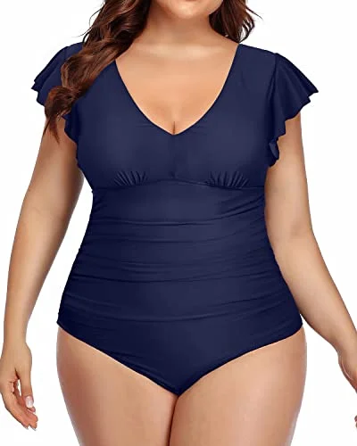Women's Sleeveless Backless One - Pieces in Black with Cut - Out Details for a Sexy Beach LookV-Neck Ruffle Bathing Suits Plus Size Tummy Control Swimsuits-Navy Blue Women's Sleeveless Backless One - Pieces in Black with Cut - Out Details for a Sexy Beach LookV-Neck Ruffle Bathing Suits Plus Size Tummy Control Swimsuits-Navy Blue