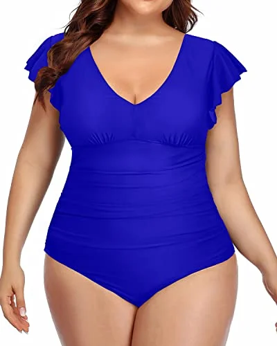Women's Sheer Paneled One - Pieces in White for a Delicate and Elegant Evening AppearanceFull Coverage Swimsuits Plus Size Tummy Control Swimsuits-Royal Blue