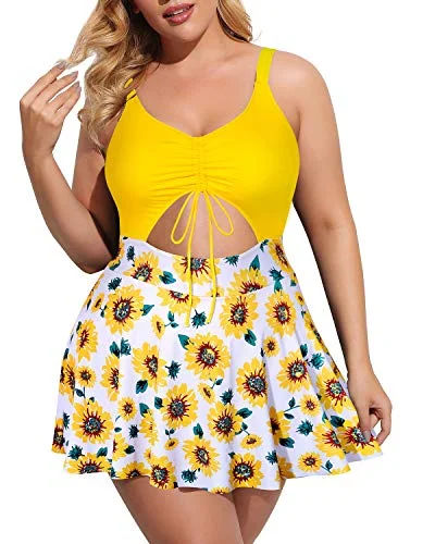 Plus Size Women's Ruffled Hem One - Pieces in Pink for a Feminine and Flirty Summer OutfitPlus Size Tie Front V Neck Swim Dress Push Up Padded Bra Bathing Suits-Yellow Floral